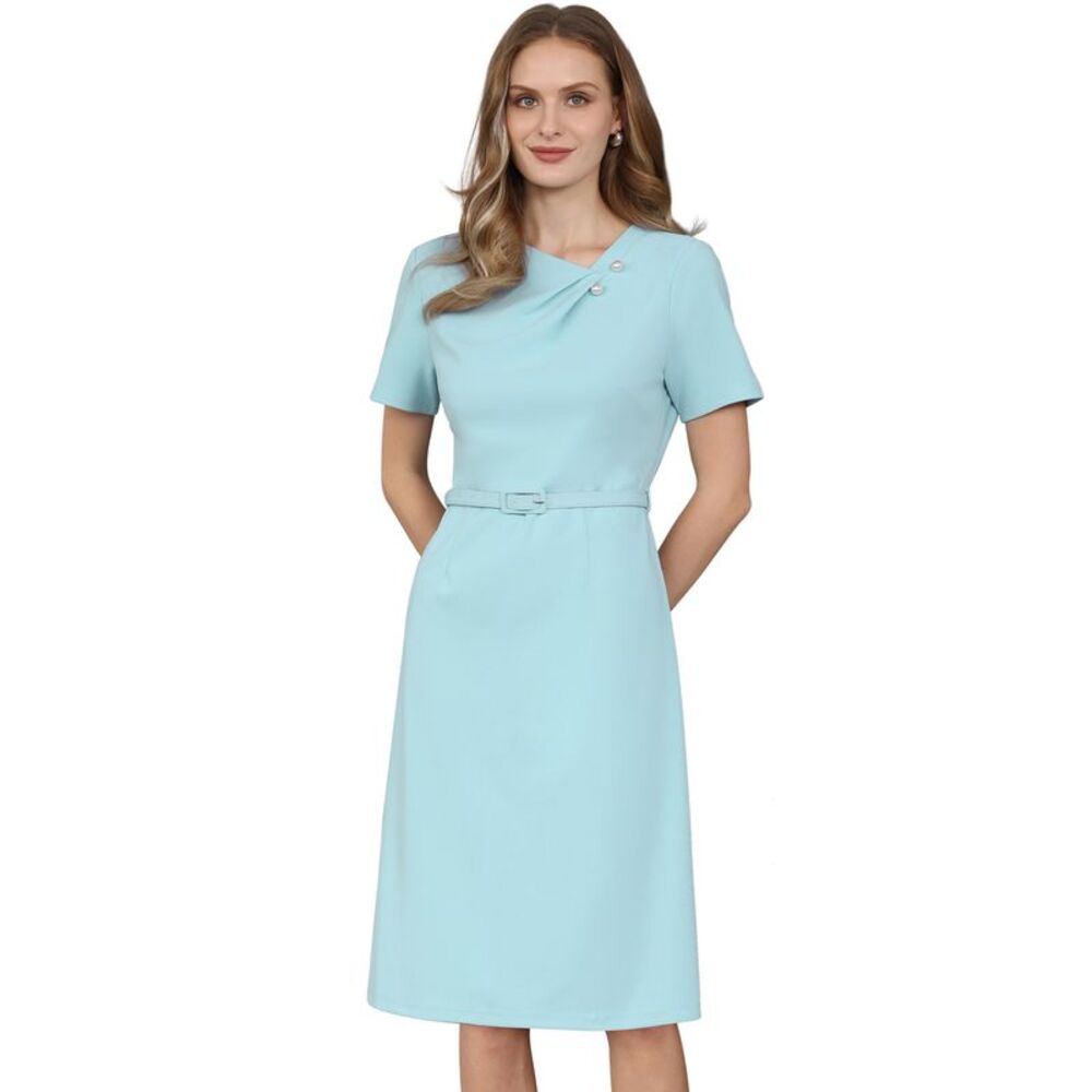 Women Elegant A Line Short Sleeve Asymmetrical Neck Dress Light Blue